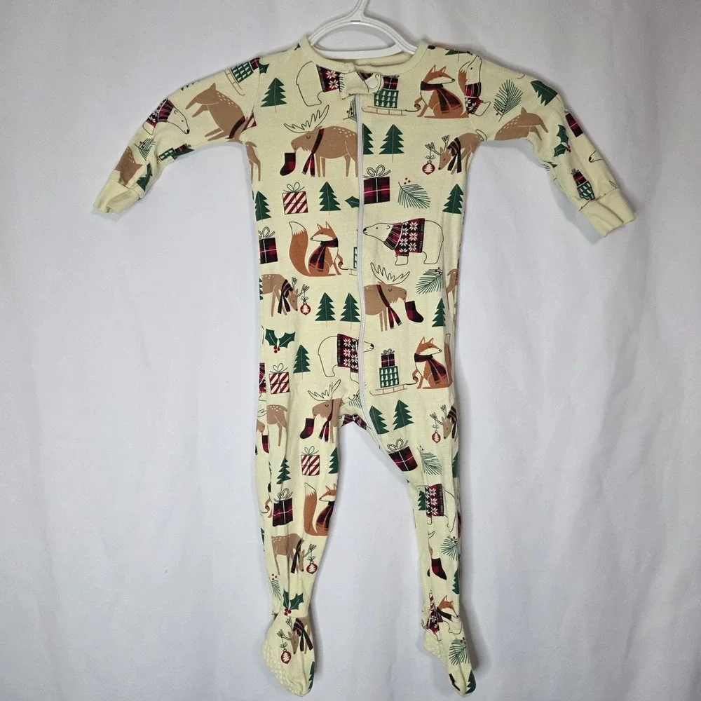 9-12M Footed Pajamas Holiday Animals Zip Up‎ Sleeper Christmas Forest Print